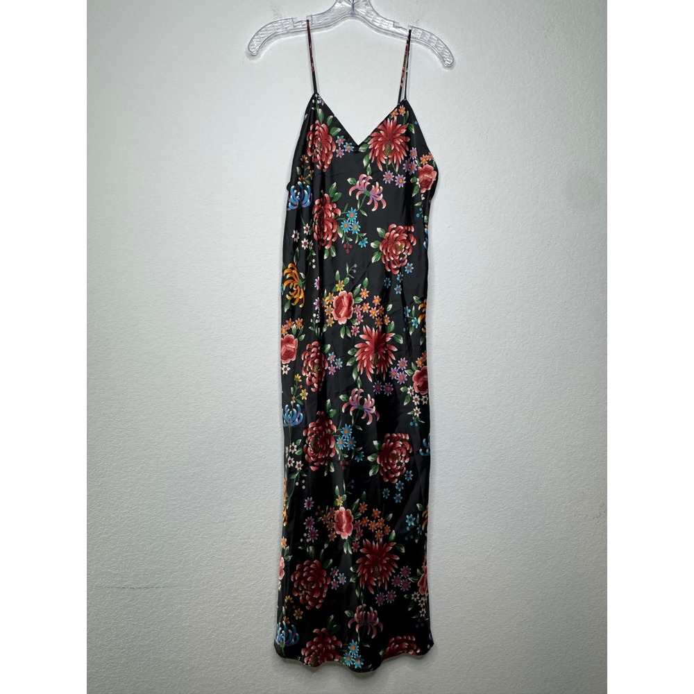 Natori Floral Satin Maxi Slip Dress Black Multicolor Chrysanthemum Size M 90 Y2K